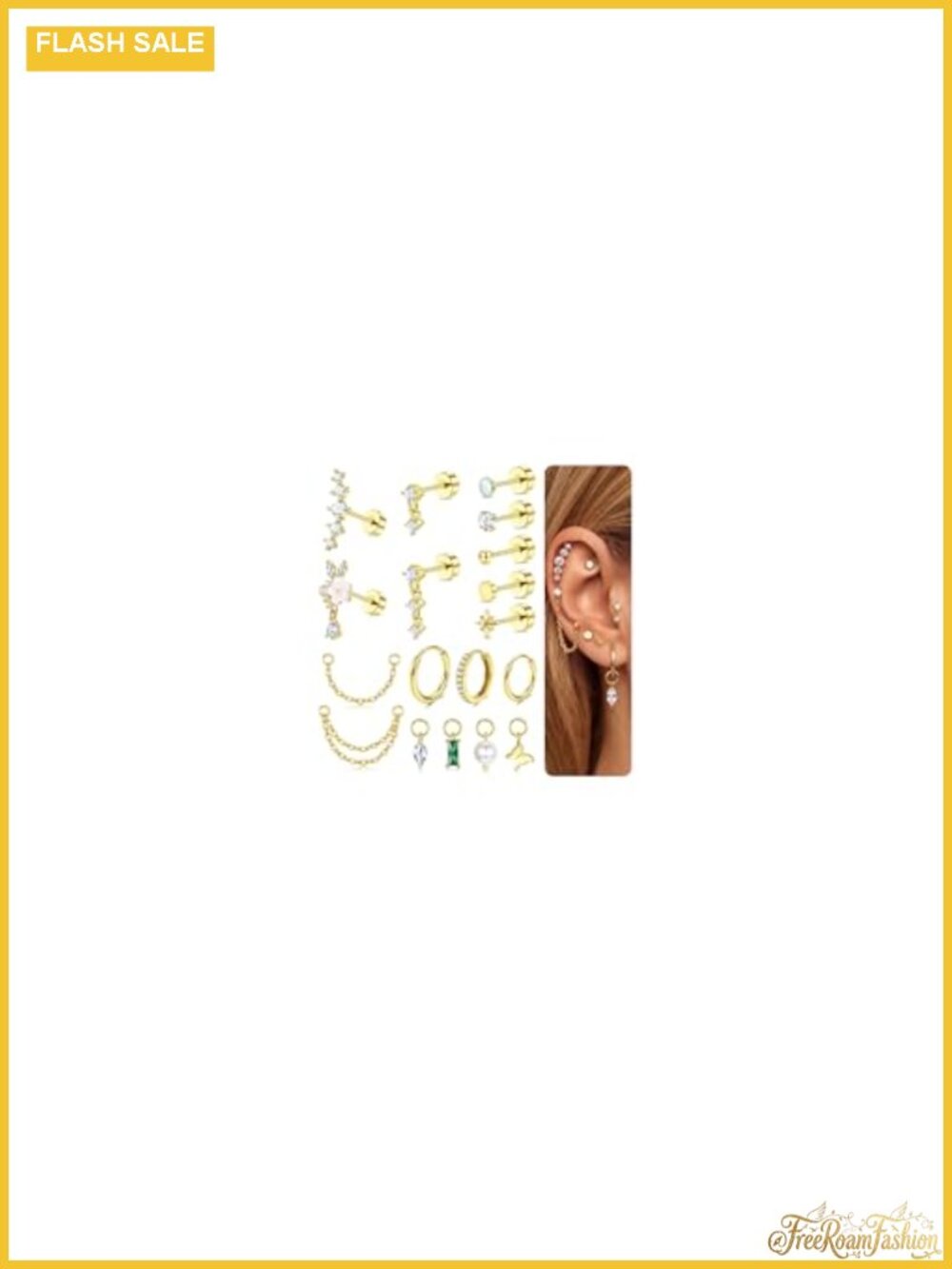 18 Pcs 14K Gold Plated Cartilage Earrings Set Hypoallergenic Flat Back Studs